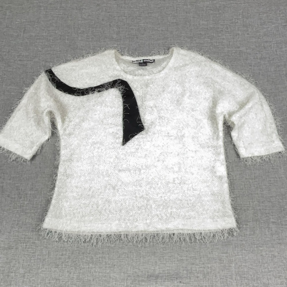 Jamie Sadock Sweater Womens M White Fuzzy 3/4 Sleeve Crew Neck‎ Pullover Eyelash